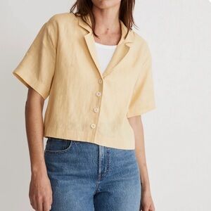 Madewell 100% Linen Cropped Resort Button Shirt Light Straw Boxy Camp Collar XL